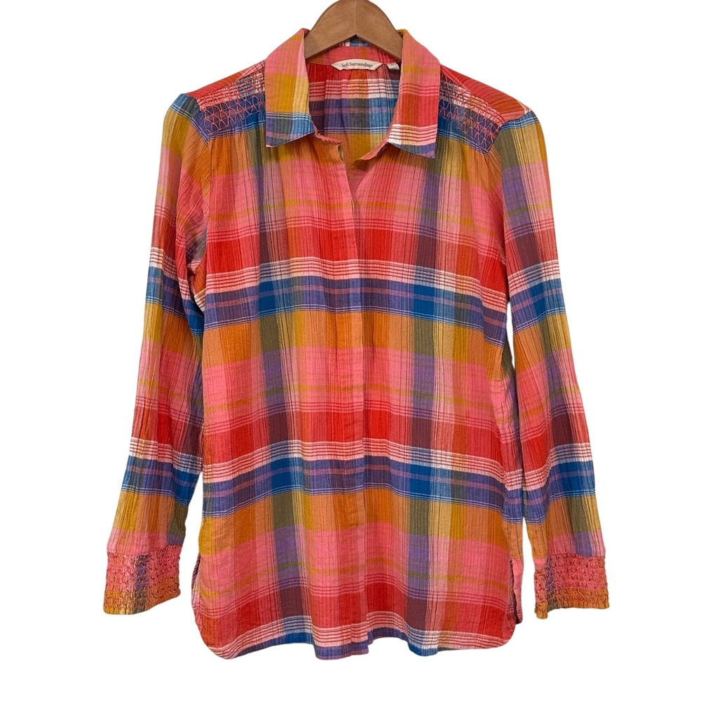 Soft Surroundings Plaid Smocked Cotton Shirt Pink Orange Blue Women Size L